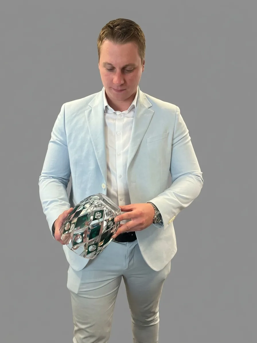 Florian, expert de l'équipe, examine un vase en cristal taillé à décor vert pour l'estimer
