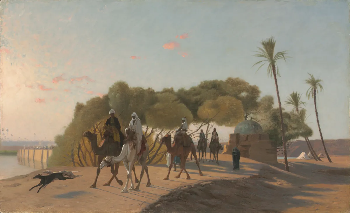 Tableau orientaliste du XIXe siècle, caravane quittant une oasis : peinture orientaliste estimée au Maroc